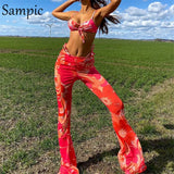 Y2K Casual Women Lace Up Traksuit Summer Pants Set Print Strap Skinny Tops And Long Wrap Flared Pants Two Piece