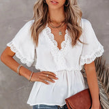 Lace Hem Tunic Solid Women Blouse Tops Short Sleeve Lace Up Hollow Out Ruffles Loose Female Blouses Summer Casual