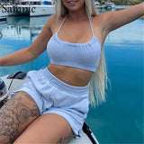 2021 Casual Women Towelling Tracksuit Shorts Set Sexy Halter Summer Tops And Mini Loose Shorts Two Picece Set Lounge
