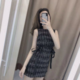 Summer Women Tweed Bandage Dresses for Women Party Sleeveless Bow O-Neck Plaid Elegant Casual Empire Bodycon Short