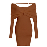 Solid Color Knitted Dress For Women Sexy Off Shoulder Long Sleeves Ruched Slim Fit Dresses Female 2022 Spring