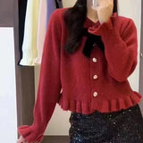 Sweet Bow Knit Cardigan Early Spring New 2024 Gentle Wind Sweater Long Sleeves Age-Reducing Jacket-Outfit