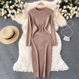 Women Autumn Knitted Dress Long Sleeve O Neck Elastic Slim Pencil Dress Korean Style Sexy Bodycon Sweater