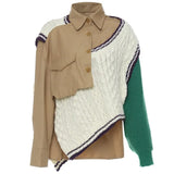 Khaki Irregular Big Size Knitting Sweater Lapel Long Sleeve Women Pullovers New Fashion Tide Autumn Winter 2022