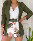 Fashion Women Autumn Coat And Print Shorts Two Piece Sets Elegant Blazers Shorts Suit With Belt Vestiti Interi