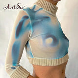 Fashion Aesthetic Y2K Print Long Sleeve Mesh See Through T-Shirts Women Sexy Cropped Top Tees Clothes