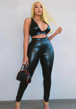 Sexy Black PU Leather V-neck Crop Tank and Slim Fit Pants Two Piece