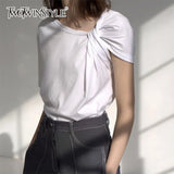 Ruched Basic T Shirt For Women Short Sleeve Big Size Irregular White T Shirts Top 2020 Summer Fashion New