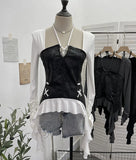 Dark Tidal Irregular Hanging Neck Tie With Hollow Spliced Niche Pads On The Shoulder With Long-Sleeved T-Shirt