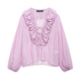 Early And Early Autumn New French Sweet V-Neck Thin Long-Sleeved Lotus Leaf Shirt Top