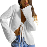 Women Solid Color Striped Cardigan Shirts Long Flare Sleeve Lace-up Deep V Neck Ruffled Tops Casual Party Slit Blouse-Outfit