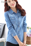 Blue Denim Shirts Women Basic Single-Breasted Vintage Fashion Turn Doen Collar Long Sleeve Tops New Summer