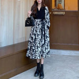 Two Pieces Broken Flowers Patchwork Dresses Female Clothing Elegant V-Neck Spring Autumn Fashion Drawstring Bow Midi
