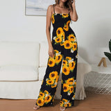 Rompers Womens Jumpsuit Boho Chi Floral Printed Pleated Wrap Bow Straps Long Jumpsuits High Waist Wide-leg Pants
