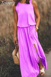 Summer Women Loose Sleeveless Long Dress Solid Color O Neck Slit Vestidos Midi Elegante Branco Office Lady