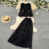 Wind Age Reduction Suit Women's Spring French Strap To Close Waist Round Collar Long-Sleeved Shirt + High Waist-Hanging Half-Body