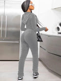 Casual Velvet Zipper Stacked Long Sleeve Top And Pant 2 Piece