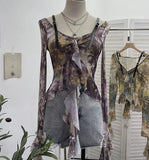 Retro Oil Painting Wind Dyed Lotus Leaf Side Sling T-Shirts Long Sleeves Drifting Coat