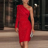 Women Glitter Elegant One Shoulder Long Sleeves Mini Formal Party Red Dress-Outfit