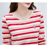 Autumn Women's Pullover Round Neck Embroidery Solid Striped Long Sleeve Undershirt Slim T-shirt Office Lady Casual Tops-Outfit