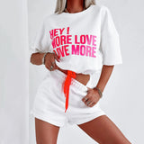 Letter Two Piece Sets Women Round Neck Tops Short Sleeve Lace Up Elastic Waist Loose Casual Shorts Pants Set Splice-Outfit