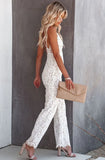 White Elegant V-neck Sleeveless Solid Lace Backless Full Length Regular Straps Rompers 703-0-Outfit