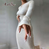 Elegant Knit Maxi Dress for Women Long Sleeve Round Neck Autumn Winter Dresses Loungewear Outfits Clothes Party