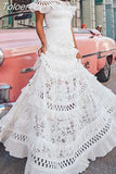 Hollow Out Lace Dress For Women Slash Neck Short Sleeve Off Shoulder High Waist Spliced Ruffles Long Dresses Female