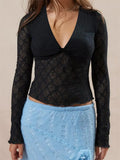 Women Lace Slim Fit Tees Tops Long Sleeve Deep V-neck Front Mini Bowknot Patchwork T-shirts Clubwear 2024 Solid Tops-Outfit
