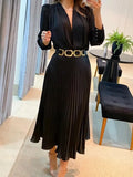 Black Ankle Length Dresses Women V Neck Long Sleeve Loose Elegant Office Lady Fold Dresses Women Autumn New-Outfit