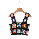 Harajuku Handmade Hollow Out Crochet Plaid Flower Tanks Women Summer Cropped Tops Retro Cool Girl Short Tee Holiday-Outfit