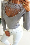 2023 New Sexy Tight Sweater Women Ladies Fashion Slim Lace Beading Hollow Out Neck Sweater Knitshirt