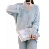 New Soft Breeze Loose Simple College Sweater Short Style Solid Color Soft Waxy V-Neck Knitted Cardigan Girl-Outfit