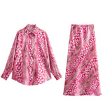 Spring Style Silk Satin Loose Shirt Printed Flute Skirt Set-Outfit