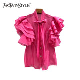 Patchwork Ruffle Shirt For Women Bow Collar Short Sleeve Solid Chic Blouse Femlae Fashion New Clothing