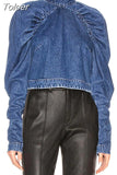 Korean Zipper Denim Shirt For Women Stand Collar Puff Sleeve Solid Minimalist Casual Blouses Female Clothes Fashion New