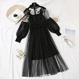 Stand-Neck Long Sleeve Party Dresses Women Solid Sweet Mesh Streetwear Mid-Calf Female Eleglant Summer Lace Dress