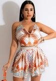 Printed Retro Halter Crop Top and High Waist Wide Shorts Two Piece