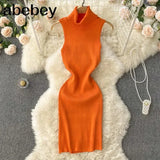 Strap Women Knitted Pencil Dress Turtleneck Sleeveless Elastic Slim Sheath Dresses Summer Korean Streetwear Short