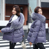 Women Winter Hooded Thick Short Jacket Solid Casual Glossy Warm Cotton Padded Parkas Fur Collar Winter Coat