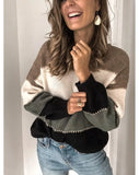 2021 autumn and winter new solid color stitching knit sweater top casual contrast color round neck sweater