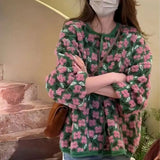 Floral Jacquard Weave Cardigan Women's Clothing Casual O-Neck Autumn Winter Commute Single-breasted Knitted Loose