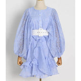 Casual Print Mini Dress For Female Round Neck Long Sleeve Patchwork Sashes High Waist Women's Vintage Dresses