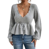 Women Hollow Sweaters Spring Autumn Clothes Knit Tops Solid Color Long Sleeve Drawstring Waist Pullover Sexy Club Knitwear-Outfit