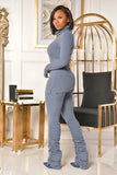 Casual Solid High Neck Long Sleeve Slim Top and Ruched Pants Set 2 Piece