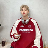 hiphop men red sweatshirt round neck racing suit spring and autumn trendy brand goth oversize top-Outfit