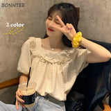 Women Loose Plaid Harajuku New Arrival Summer Short Sleeve Retro Simple Holiday Students Tunic Top Cute Chic Sweet