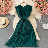 Summer Women Green/Red/Beige Pleated Midi Dress Vintage V-Neck Draped Party Robe Female Elegant Casual Vestidos New Fashion