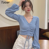 Sleeve T-shirts Women V-neck Shirring Solid Leisure Elegant Cozy Fashion College Sexy Sweet Slim College Ulzzang Crop