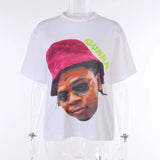 Basic Round-Neck Portrait Print Short-Sleeved T-Shirt Girl Summer Bhuff Loose Casual